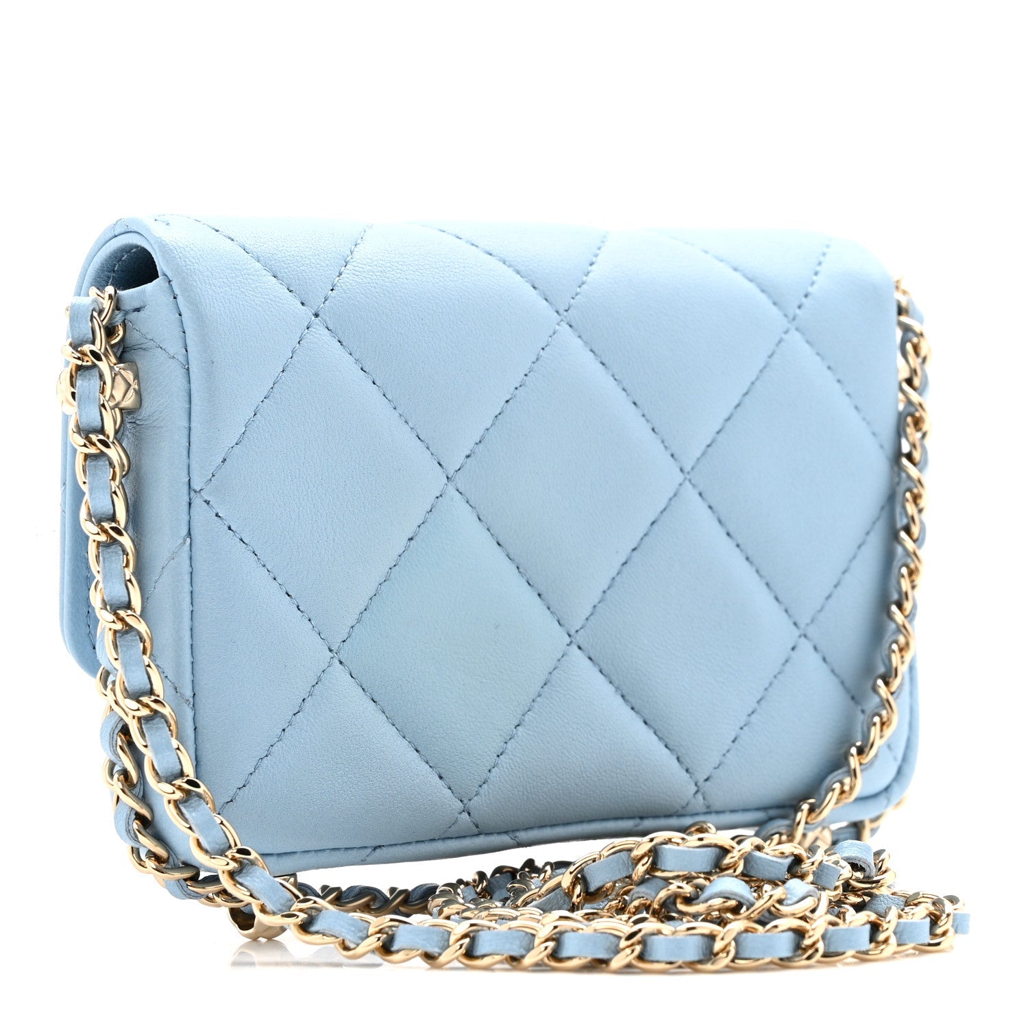 Lambskin Quilted Chain Around Coin Purse With Chain Light Blue