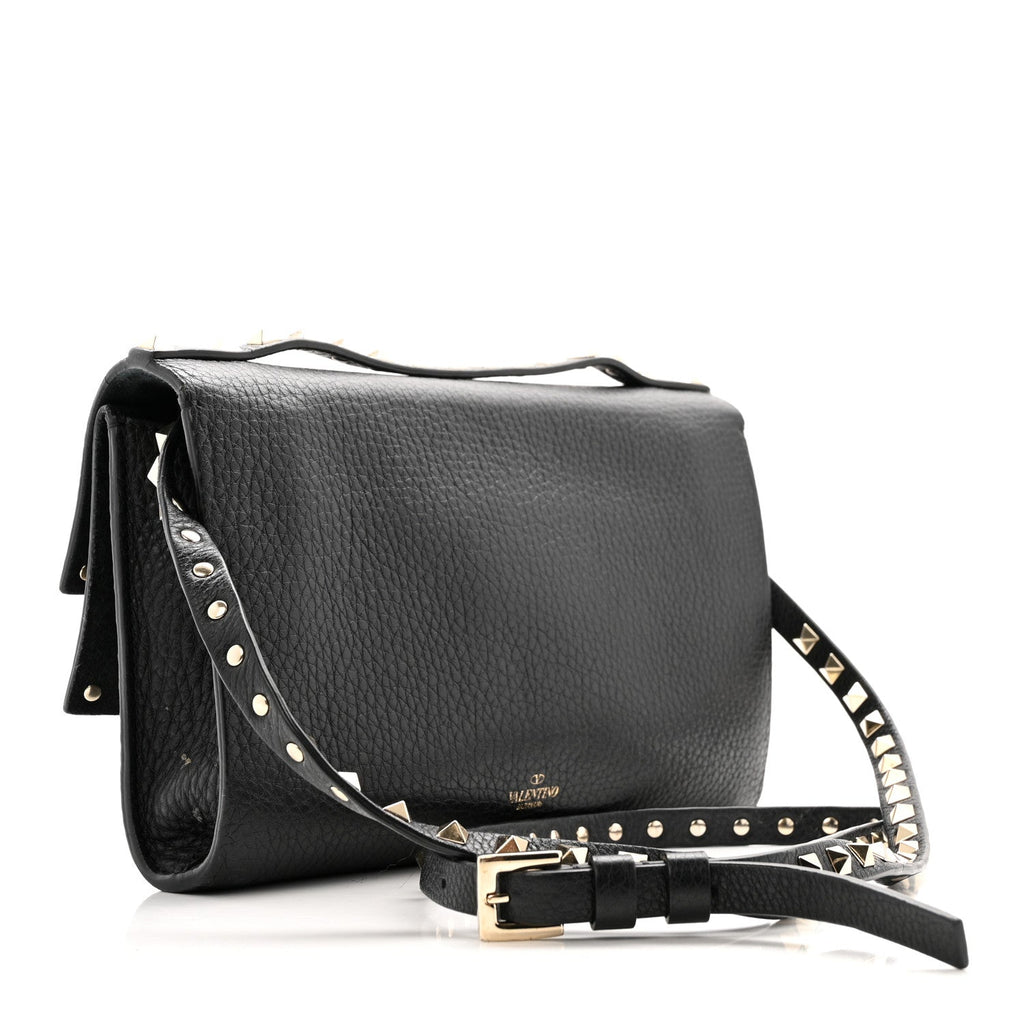 Grainy Calfskin Rockstud Double Flap Crossbody Bag Black