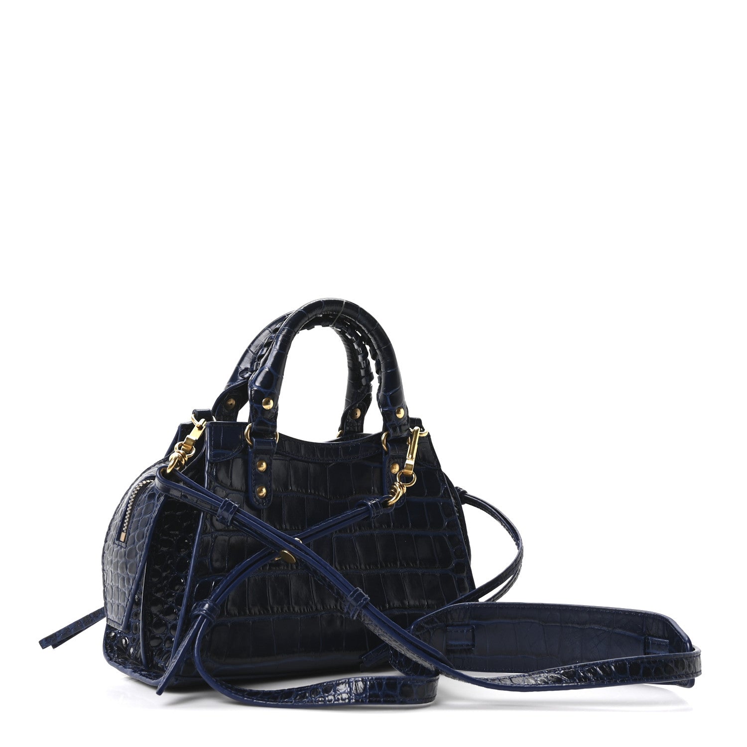 Shiny Supple Calfskin Crocodile Embossed Neo Classic Gold Hardware Mini City Navy