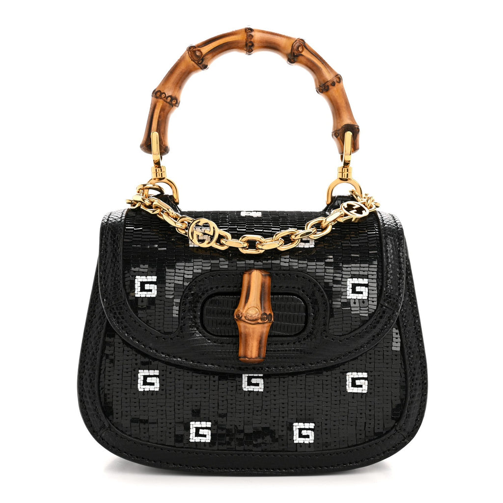 Sequin Lizard Embossed GG Mini Bamboo 1947 Top Handle Chain Bag Black White