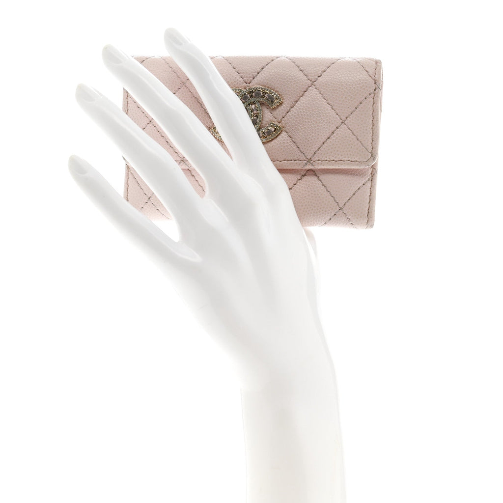 Caviar Quilted Crystal CC Flap  Holder Pink