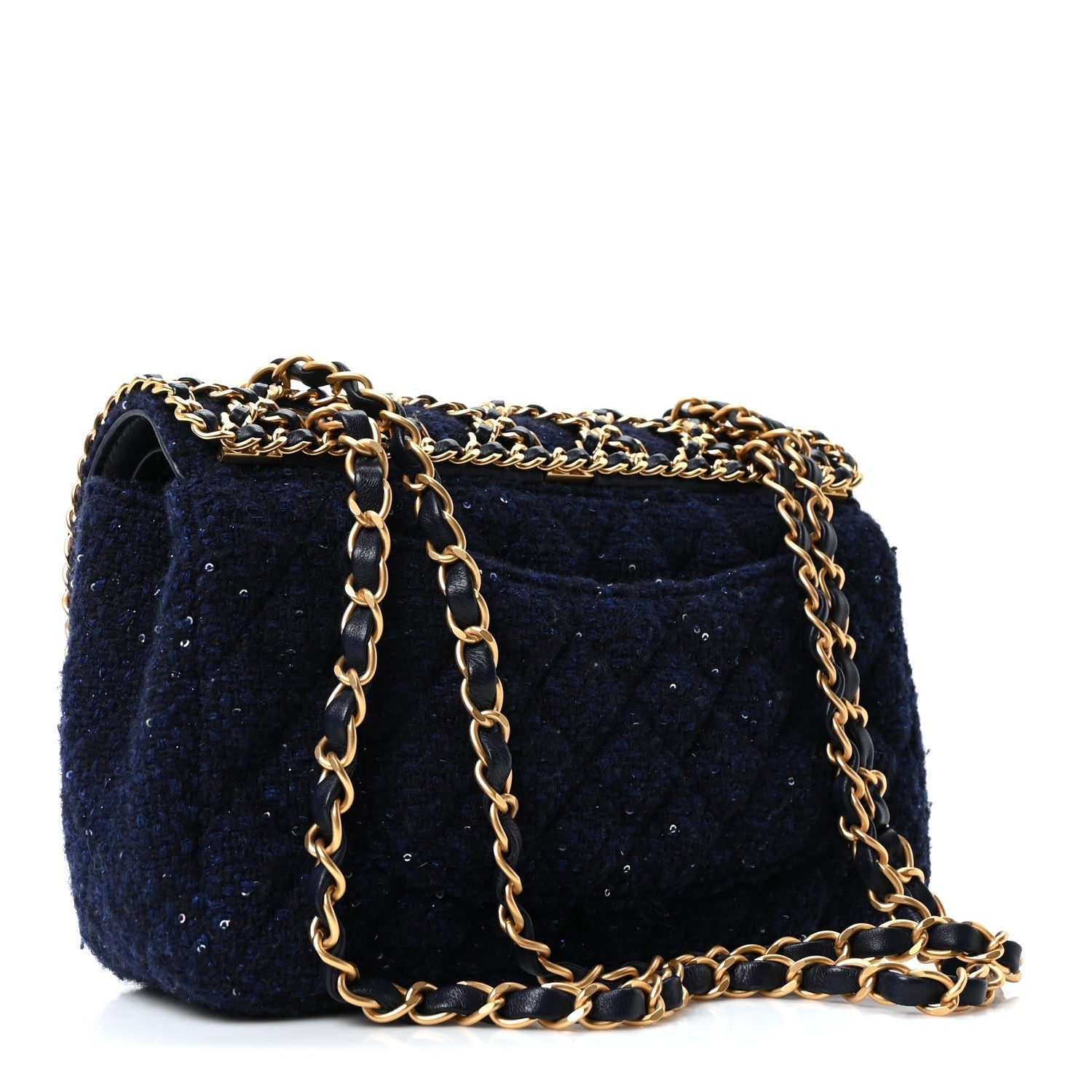 Tweed Sequin Timeless Classic Chained Double Flap Navy Blue