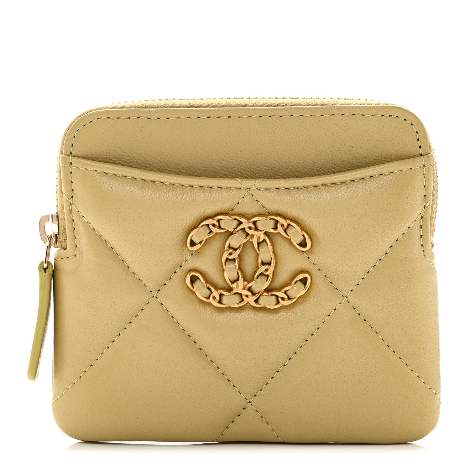 Lambskin Quilted Chanel 19 Zip  Holder Wallet Light Green
