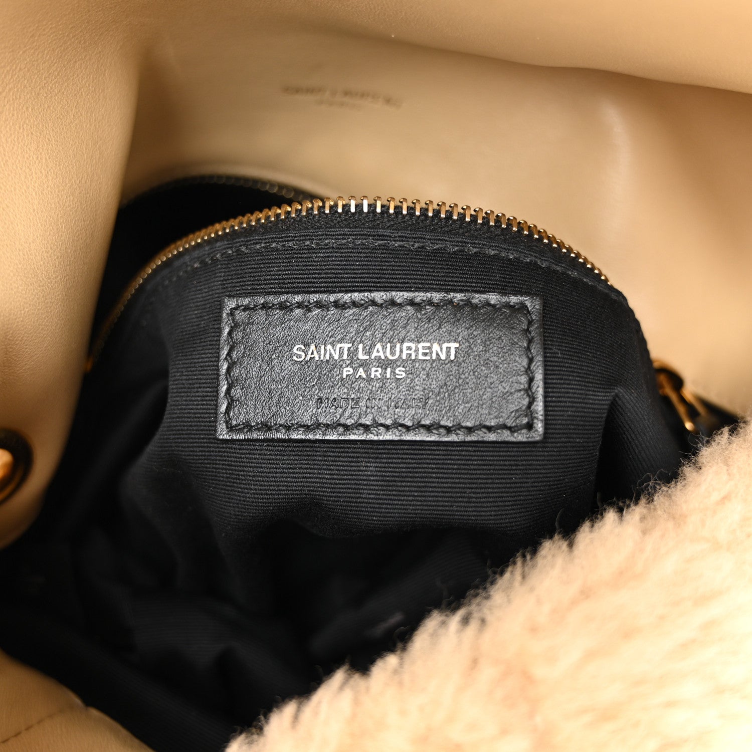 Merino Shearling Lambskin Quilted Small Loulou Puffer Monogram Chain Satchel Natural Beige