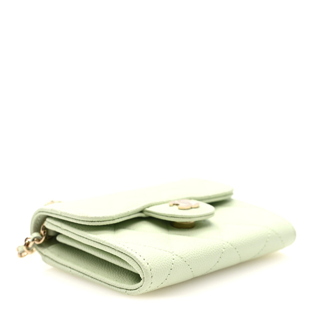 Caviar Quilted Flap  Holder On Chain Light Green