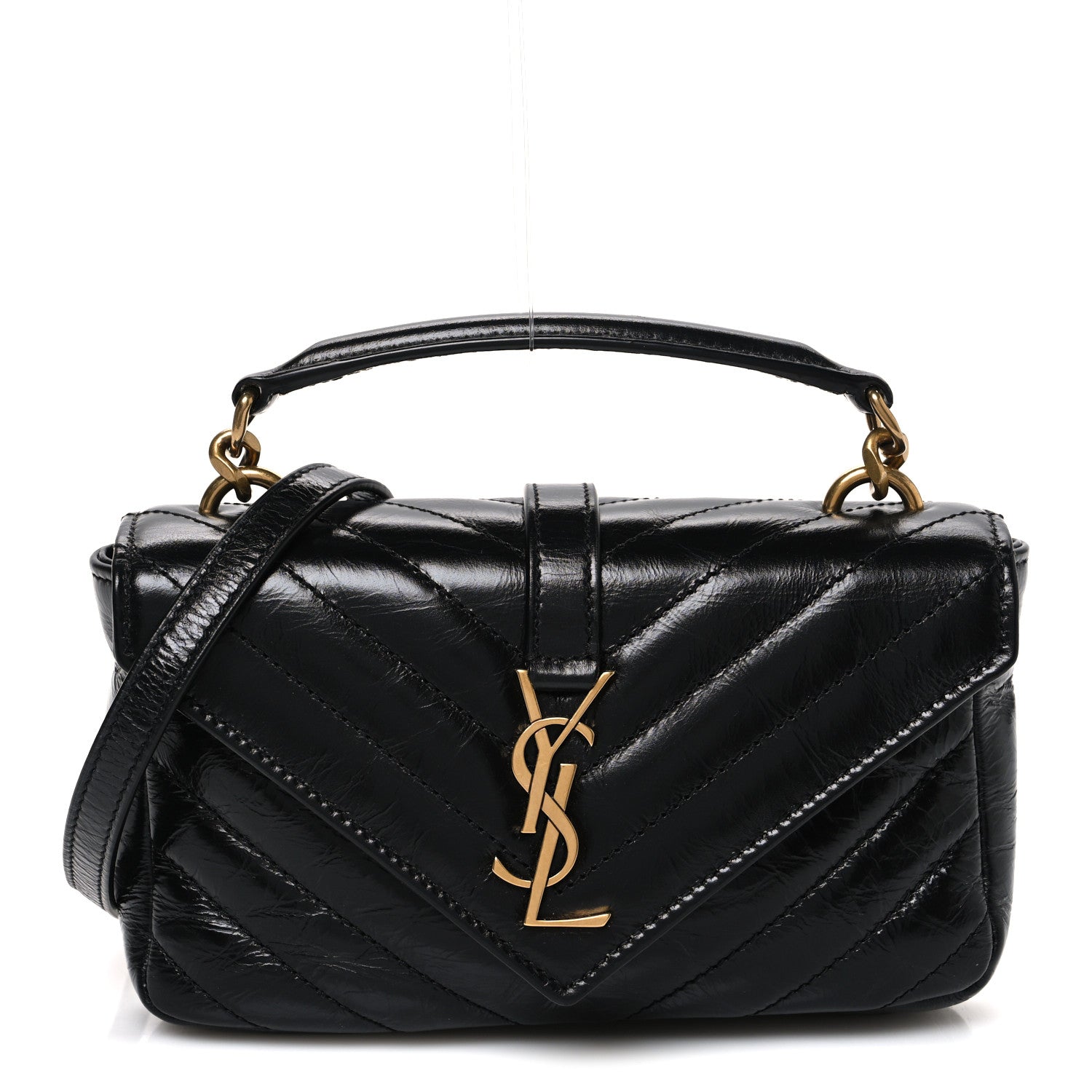 Shiny Calfskin Matelasse Chevron Monogram Mini College Bag Black