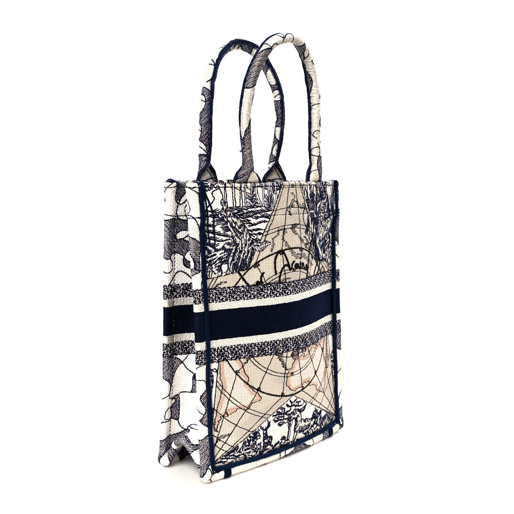 Canvas Embroidered Around The World Vertical Book Tote Blue