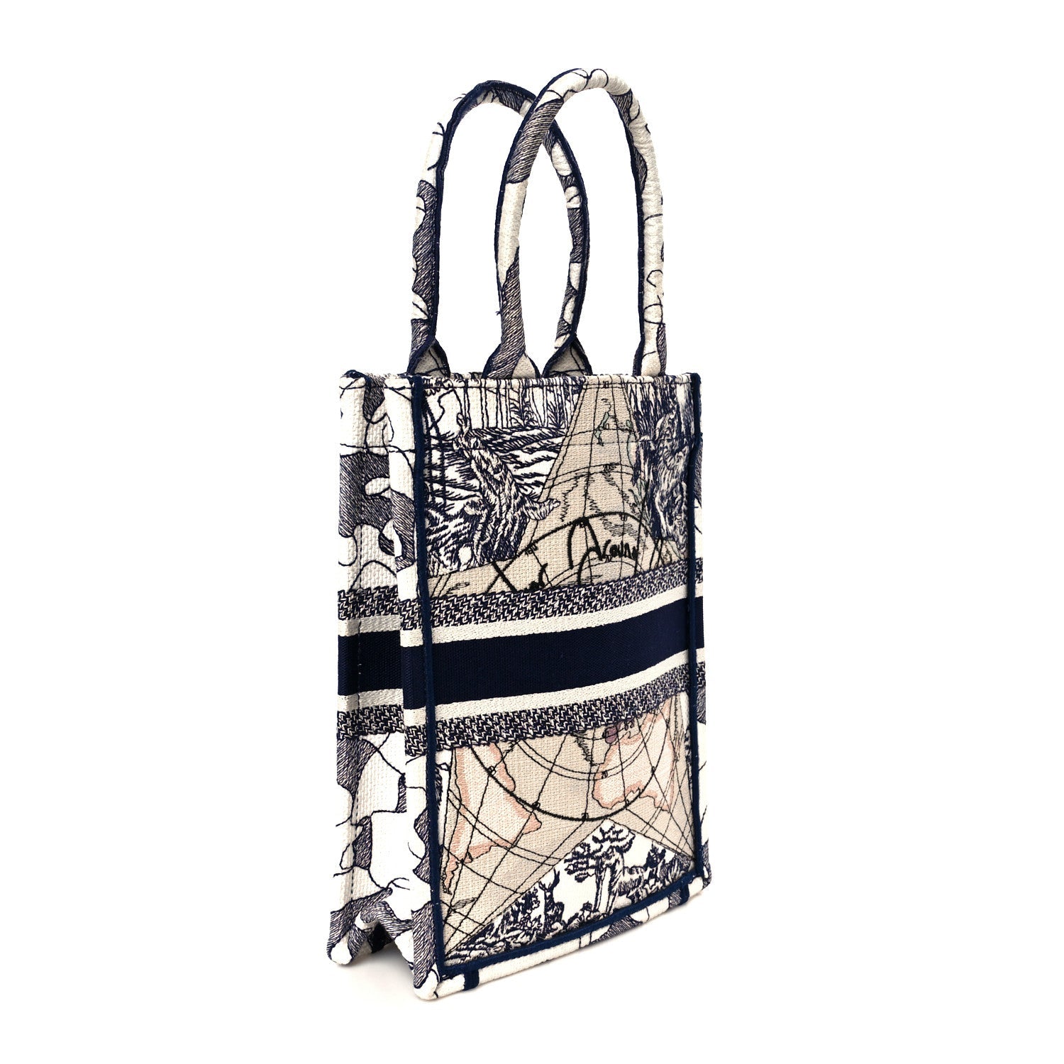 Canvas Embroidered Around The World Vertical Book Tote Blue