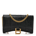 Shiny Calfskin Crocodile Embossed Hourglass Chain Bag Black