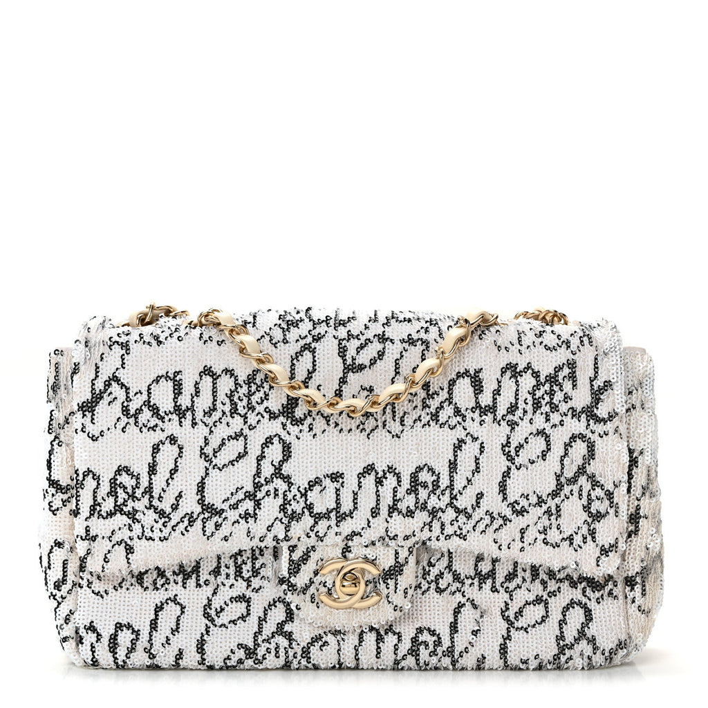 Sequin Logo Medium Flap White Black