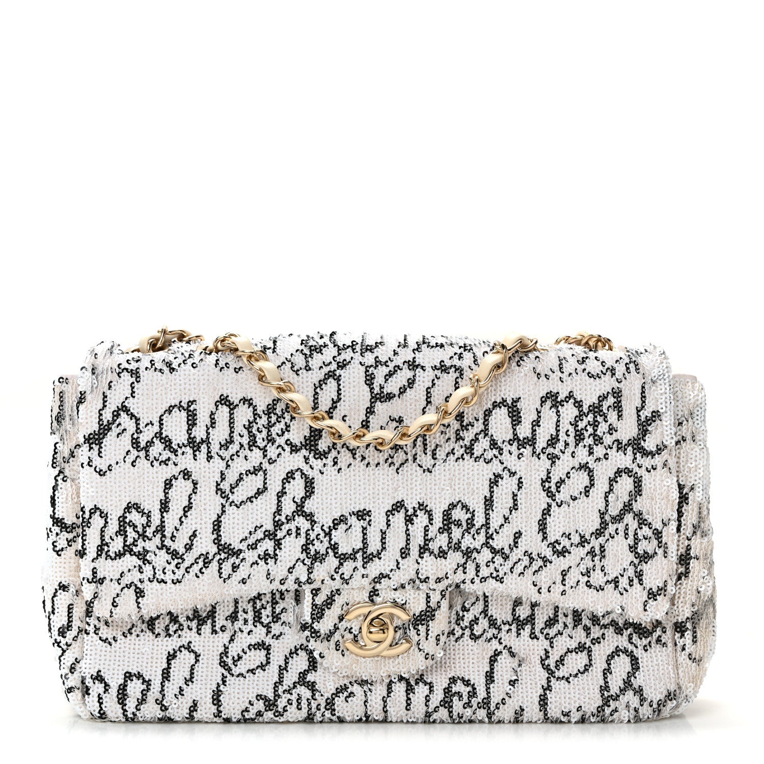 Sequin Logo Medium Flap White Black