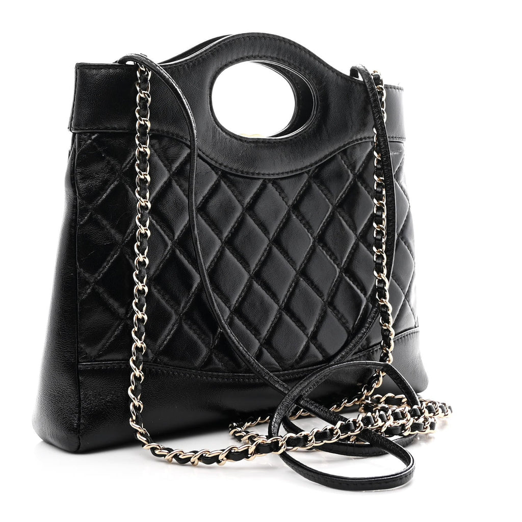 Shiny Crumpled Calfskin Quilted Mini 31 Shopping Bag Black