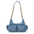 Washed Denim Quilted Cargo Large Hobo Light Blue
