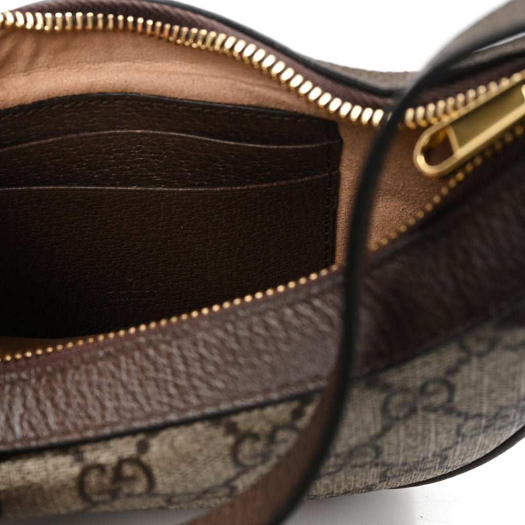GG Supreme Monogram Textured Calfskin Web Mini Ophidia Half Moon Hobo Beige Ebony New Acero