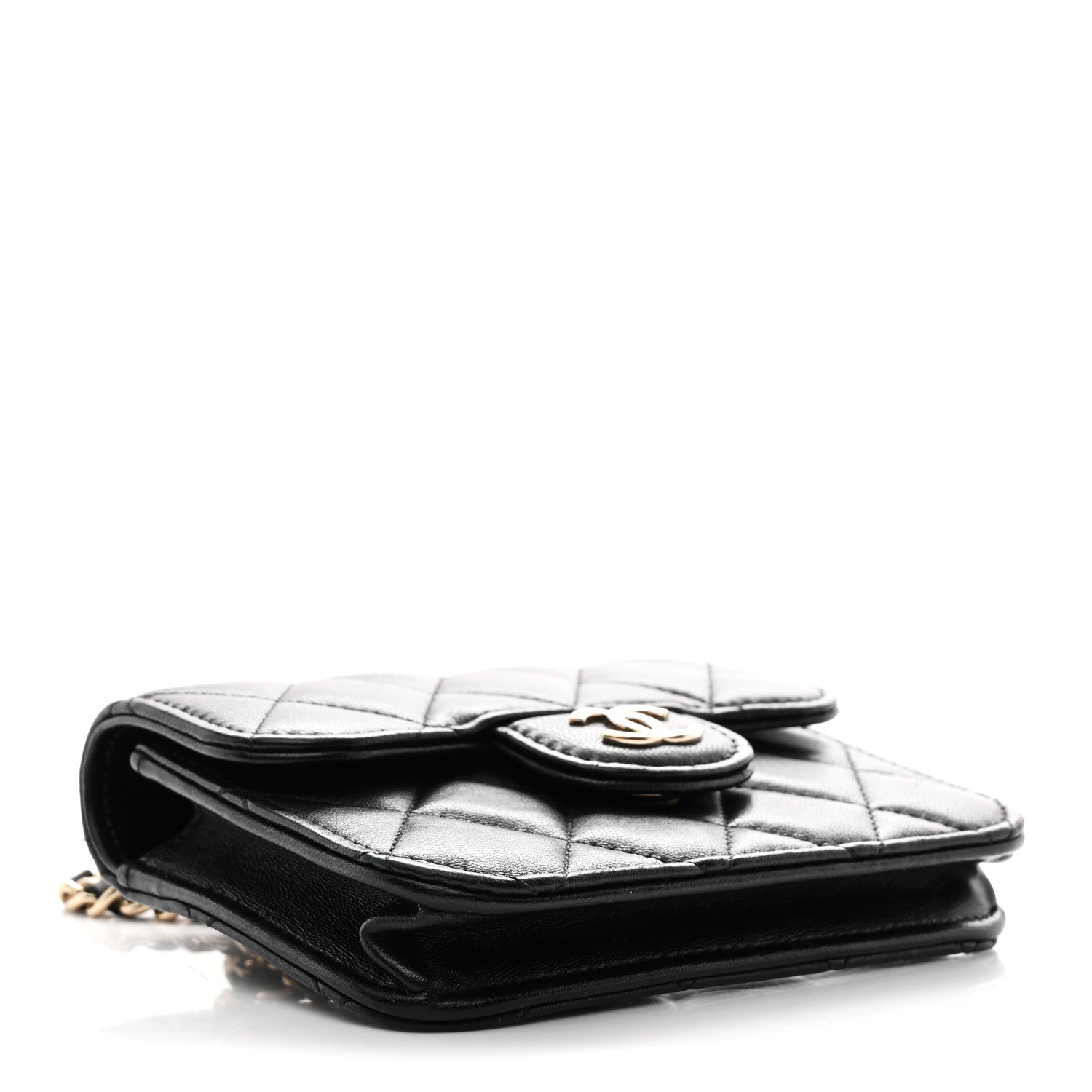 Lambskin Quilted Top Handle Flap Coin Purse With Chain Black