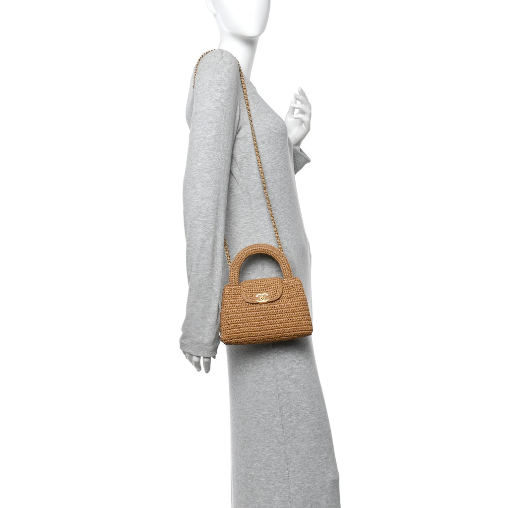Braided Raffia Nano Kelly Flap Bag Dark Beige