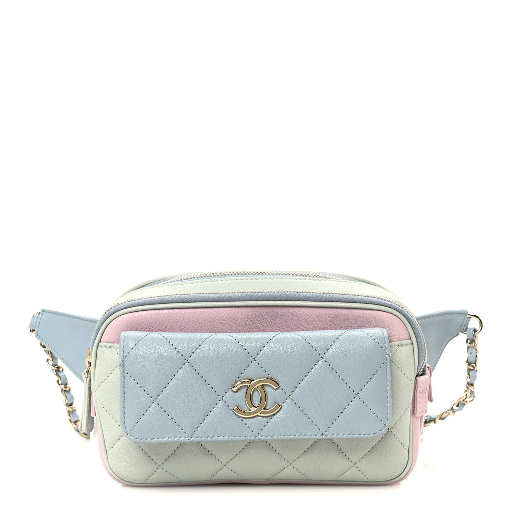 Goatskin Quilted Tri-Color In & Out Waist Bag Green Blue Pink