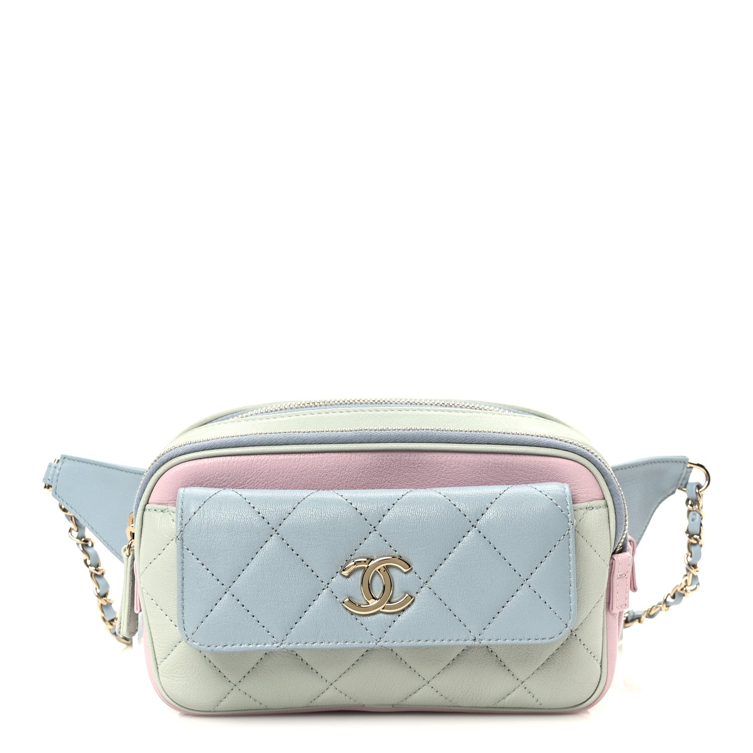 Goatskin Quilted Tri-Color In & Out Waist Bag Green Blue Pink