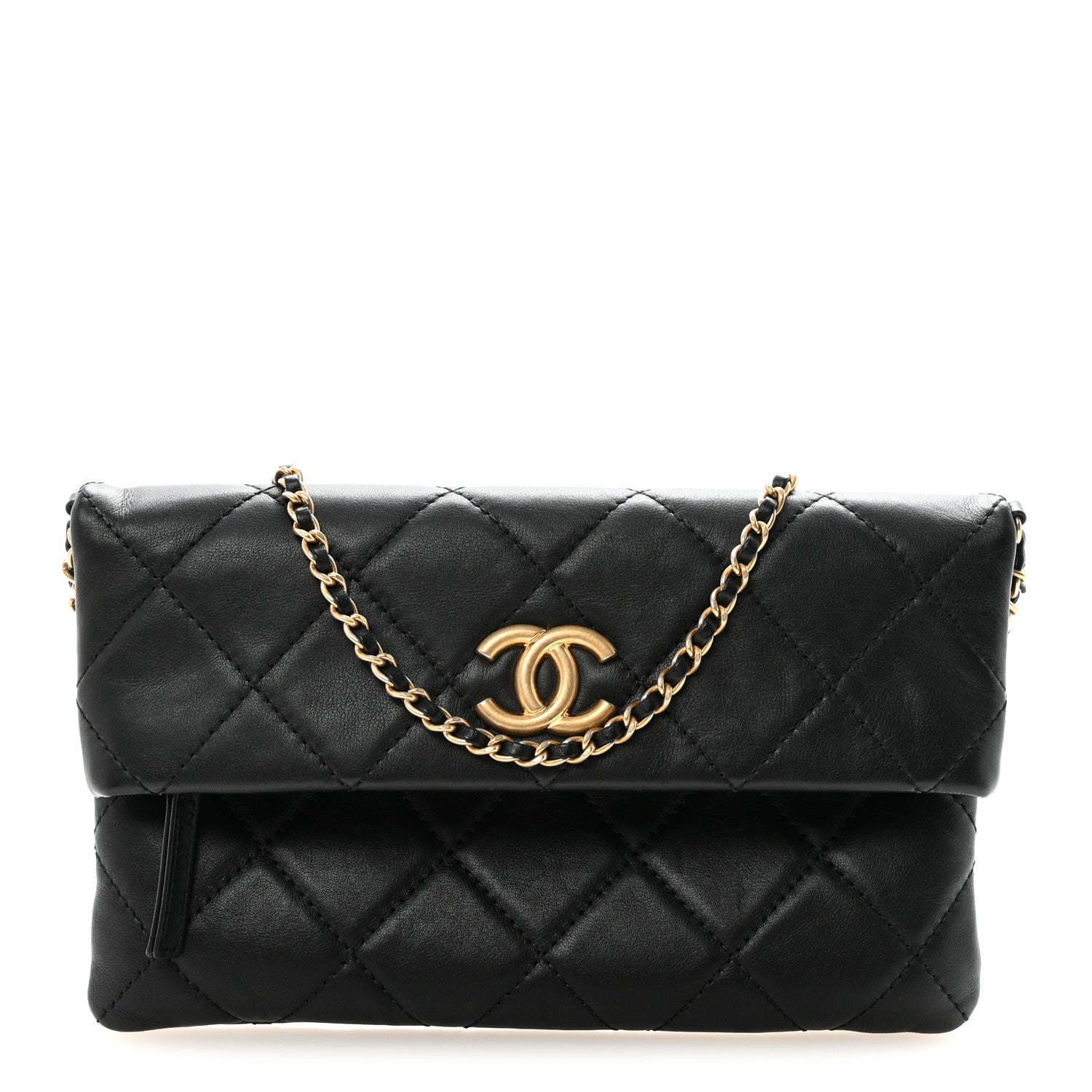 Calfskin Quilted Fold Over Clutch Black