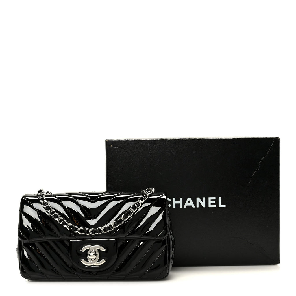Patent Calfskin Chevron Quilted Extra Mini Flap Black