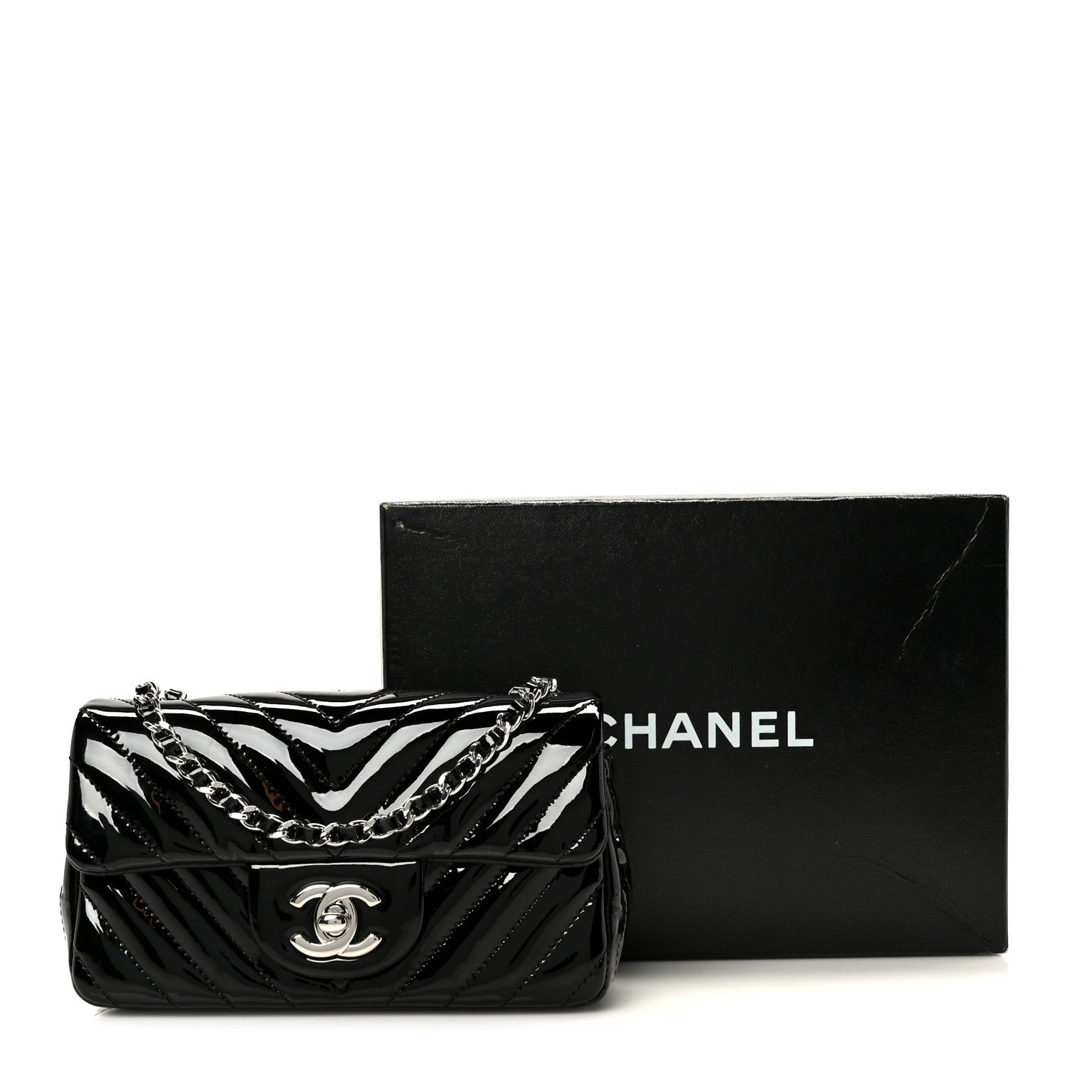 Patent Calfskin Chevron Quilted Extra Mini Flap Black