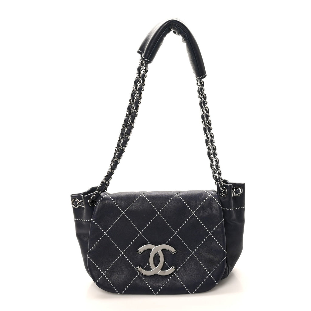 Lambskin Contrast Stitch Small Surpique Accordion Flap Navy