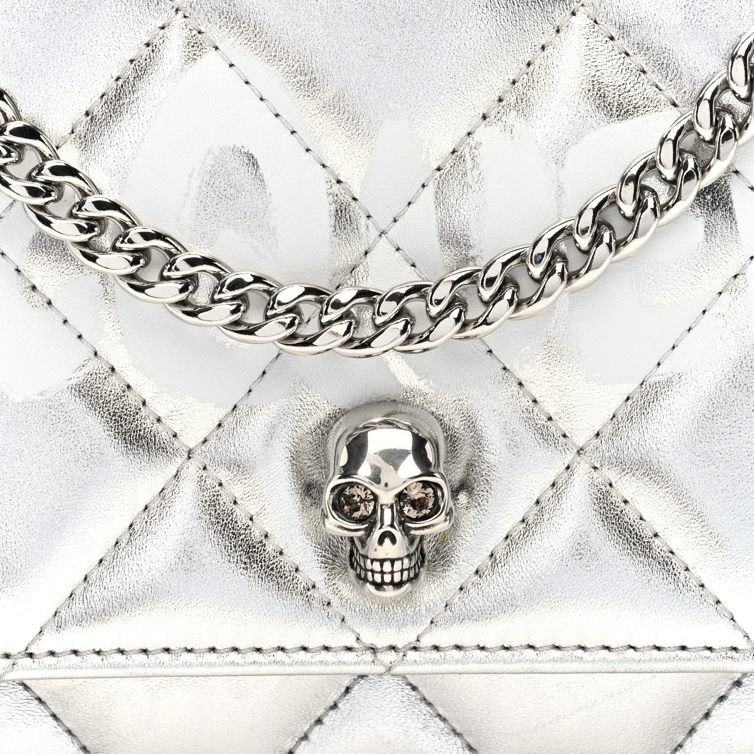 Metallic Calfskin Quilted Graffiti Skull Small Chain Crossbody Bag Silver