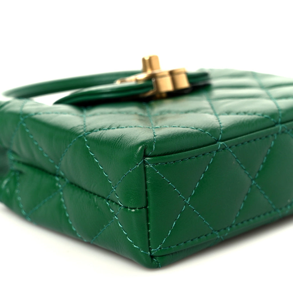 Shiny Aged Calfskin Quilted Mini Nano Kelly Shopper Green