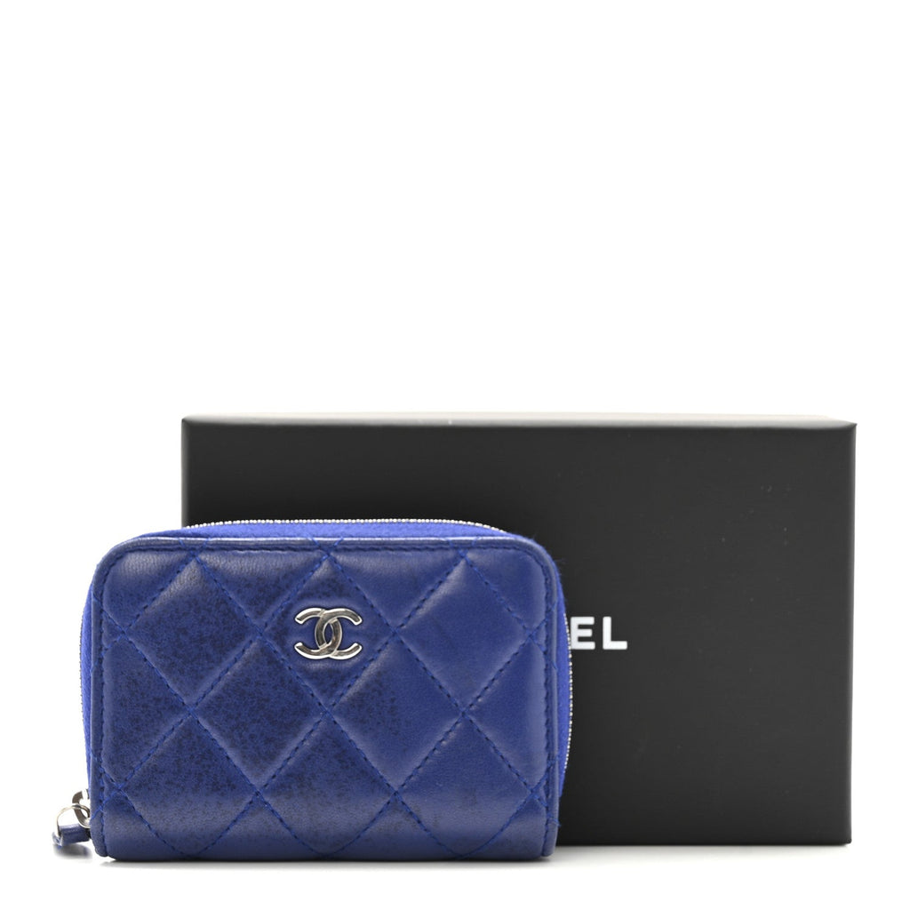 Lambskin Quilted Zip Around Coin Purse Wallet Blue