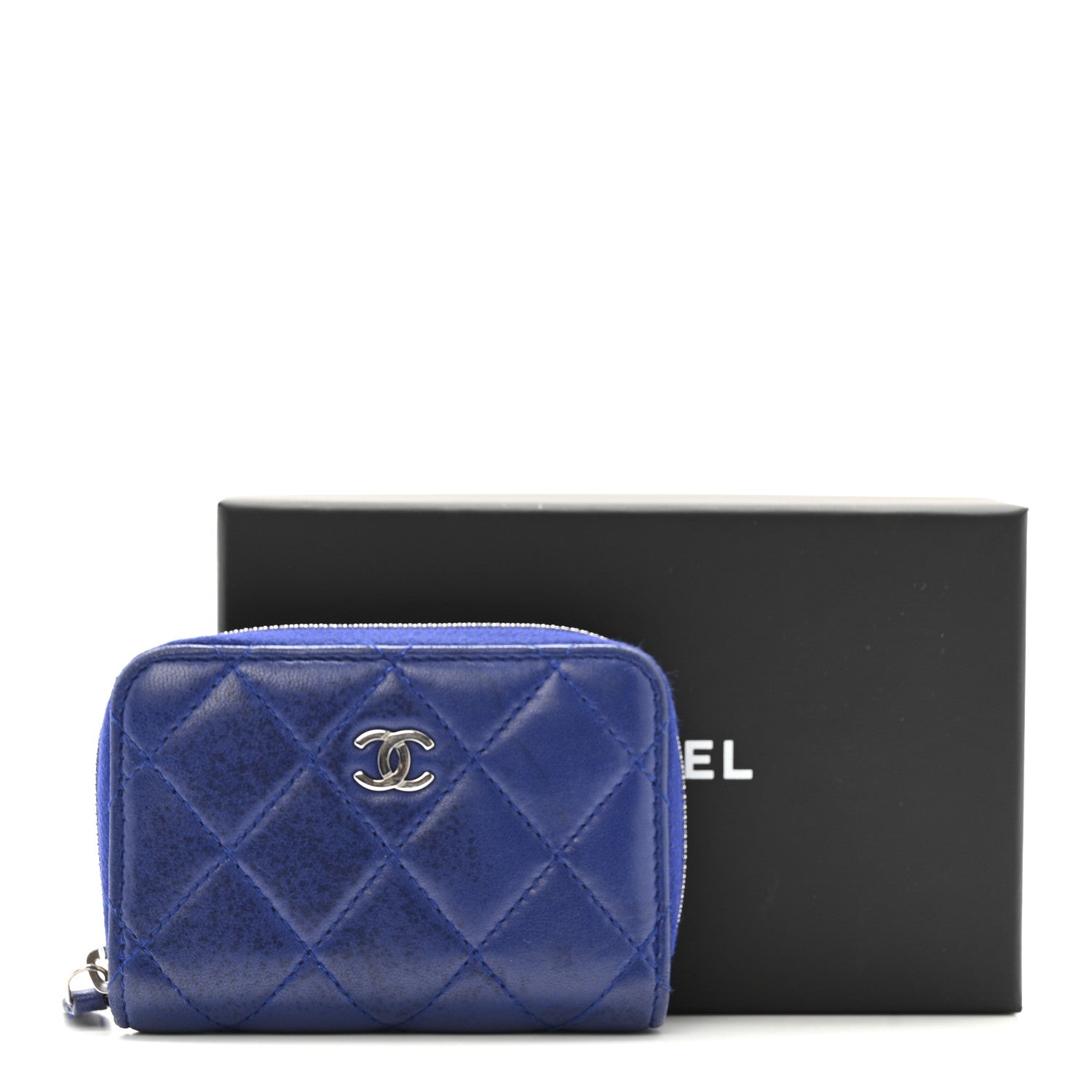 Lambskin Quilted Zip Around Coin Purse Wallet Blue