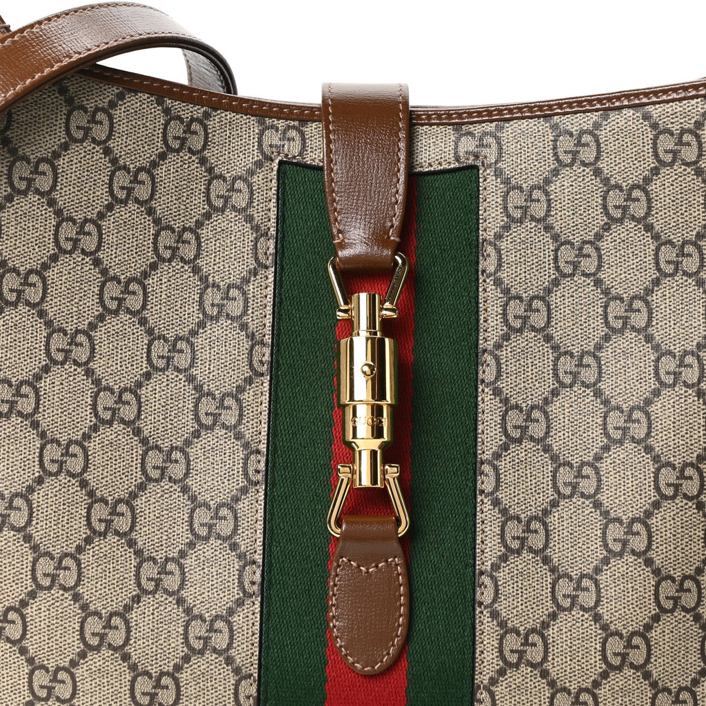 GG Supreme Monogram Azalea Calfskin Web Medium Jackie 1961 Hobo Beige Ebony Brown Sugar