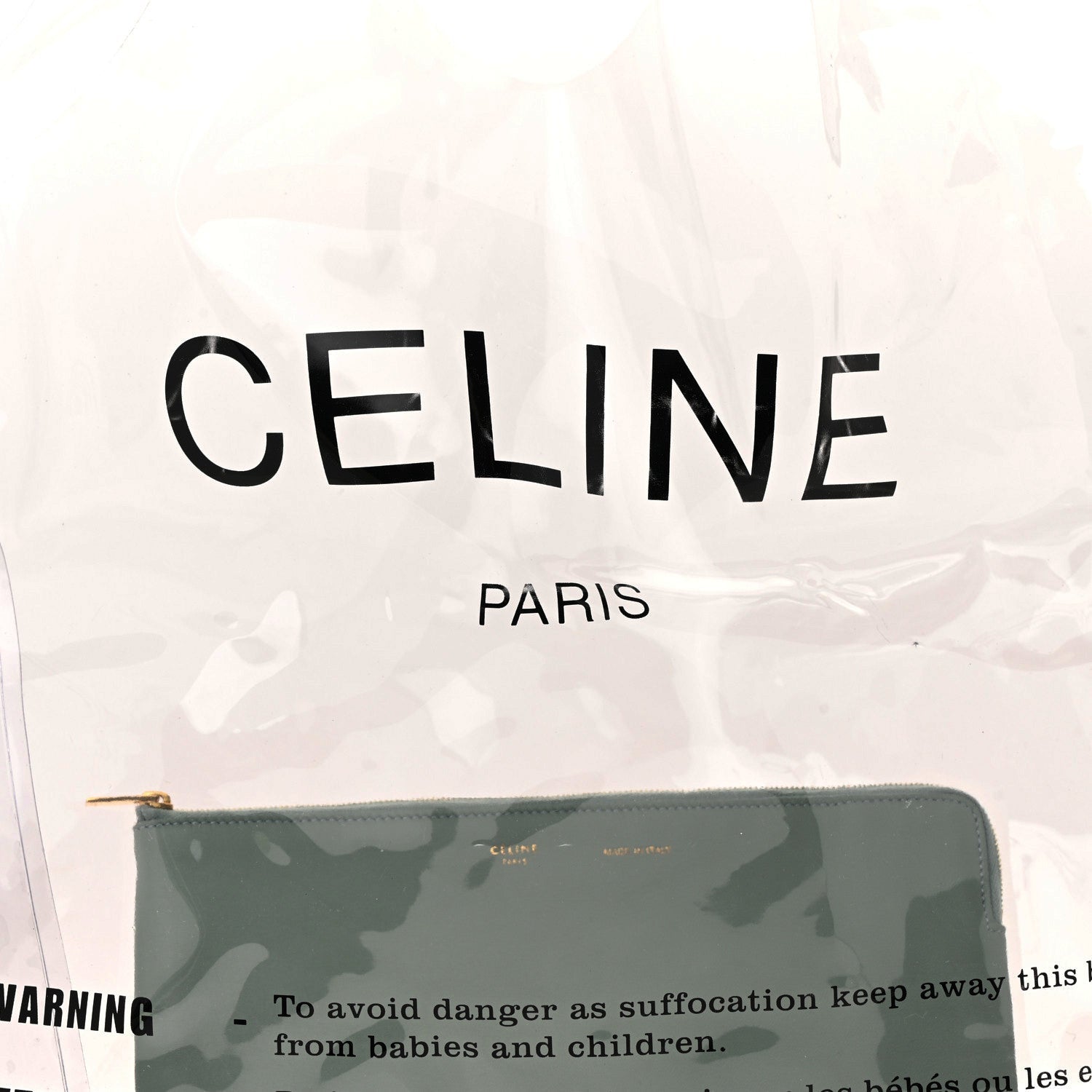 Plastic Bag with Cloudy Lambskin Solo Zip Pouch Clutch Celadon