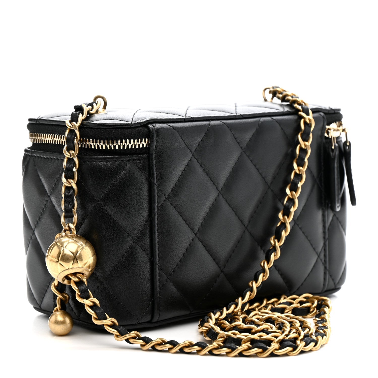 Lambskin Quilted Pearl Crush Small Vanity Case With Chain Black