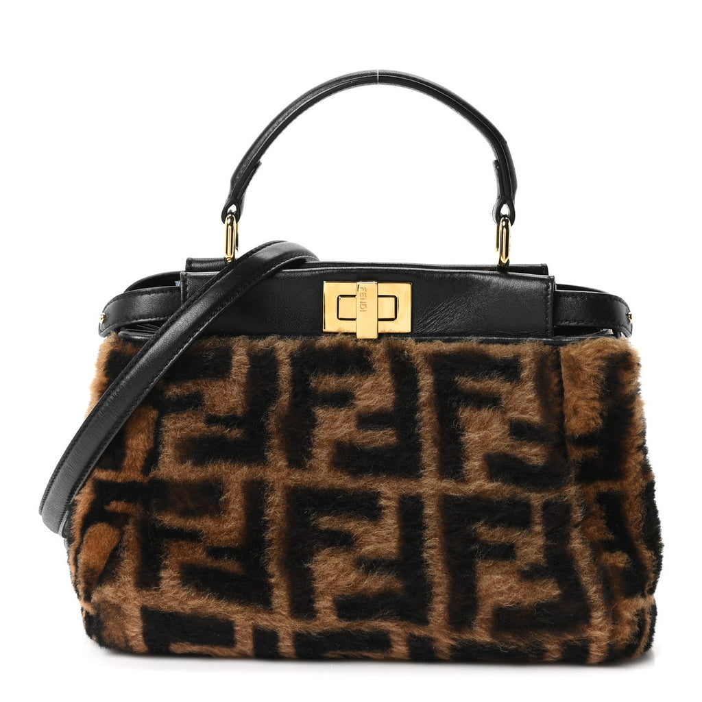 Shearling Nappa Macro FF 1974 Mini Peekaboo Iconic Satchel Tobacco Black
