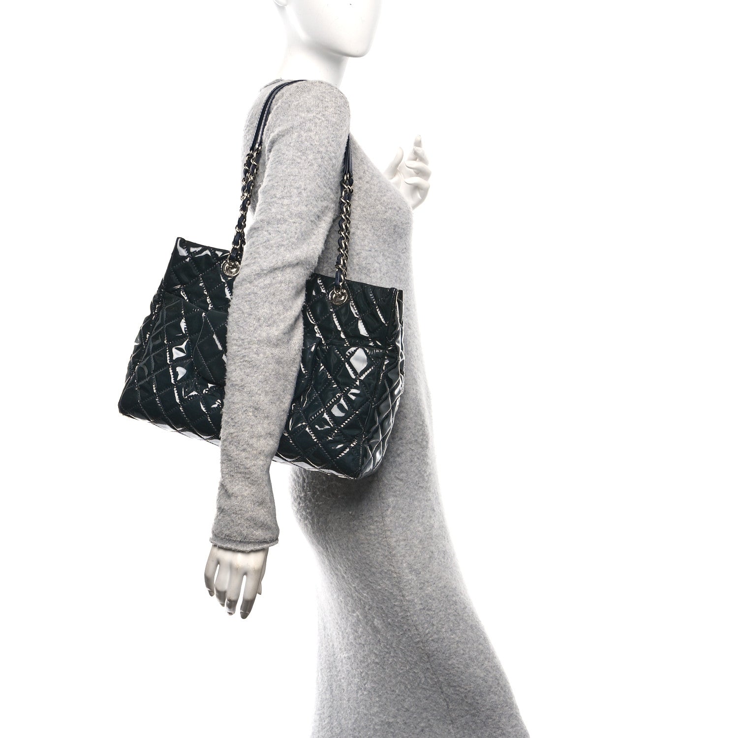 Patent Quilted Large Coco Shine Shopping Tote Navy