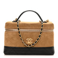 Suede Calfskin Shiny Lambskin Stitched Top Handle Slim Vanity Case With Chain Beige Black