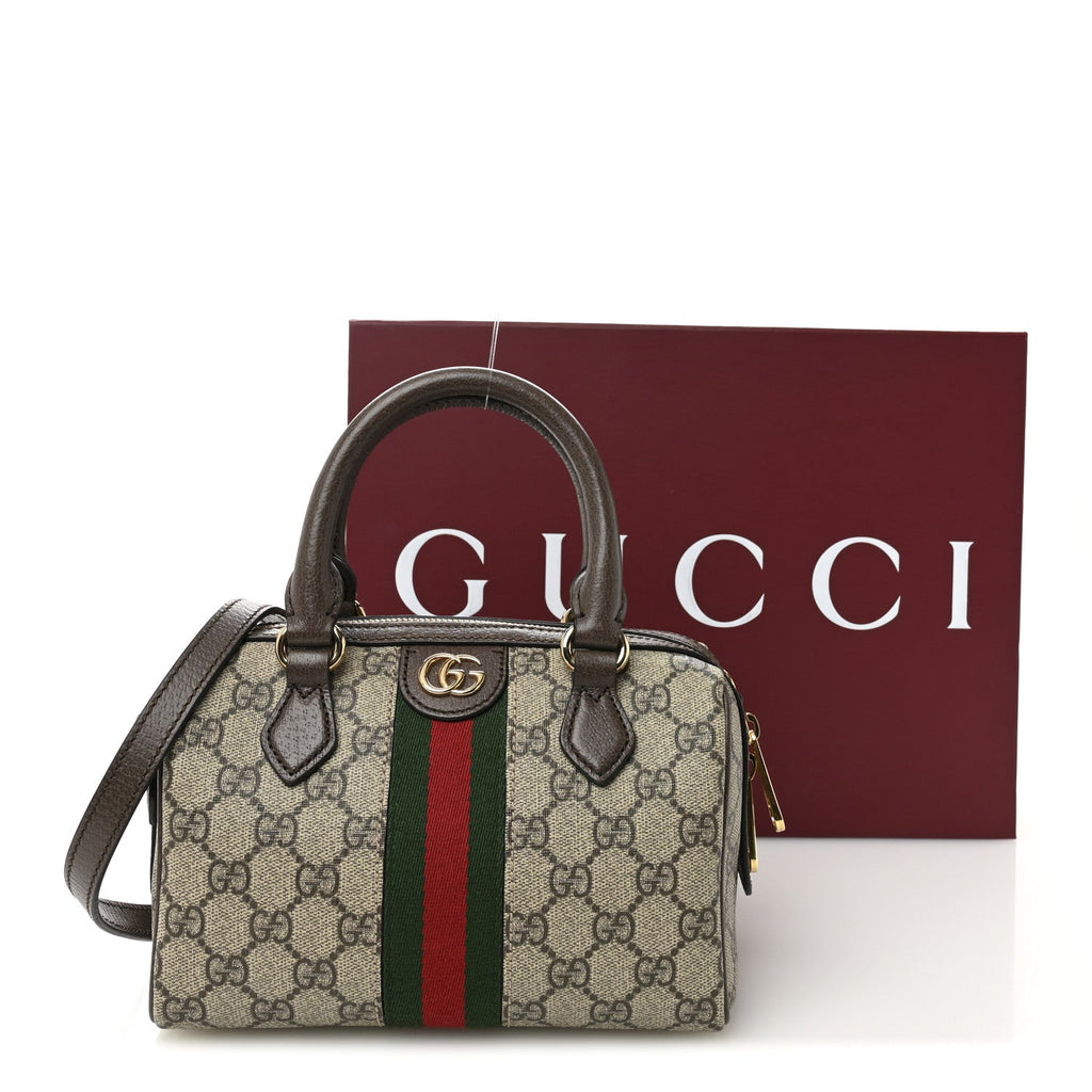 GG Supreme Monogram Textured Dollar Calfskin Web Mini Ophidia Top Handle Bag Beige Ebony New Acero