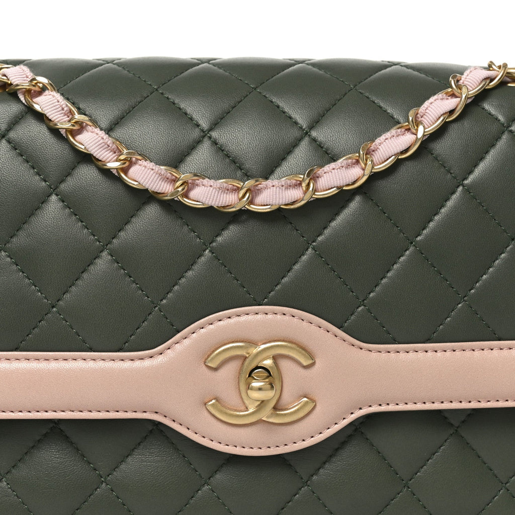 Lambskin Quilted Medium Bi-Color Flap Green Pink