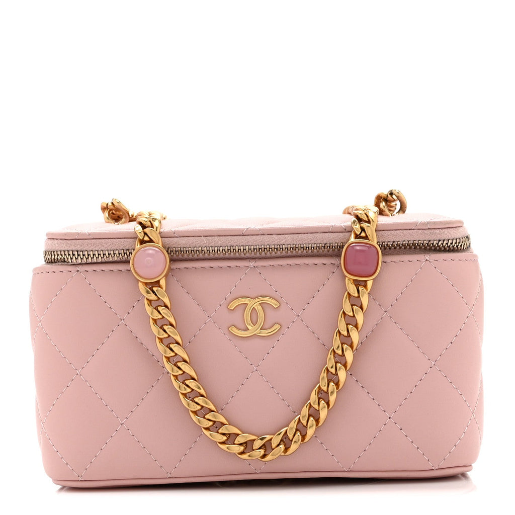 Caviar Quilted Pearl Enamel Small Vanity Case With Chain Light Pink