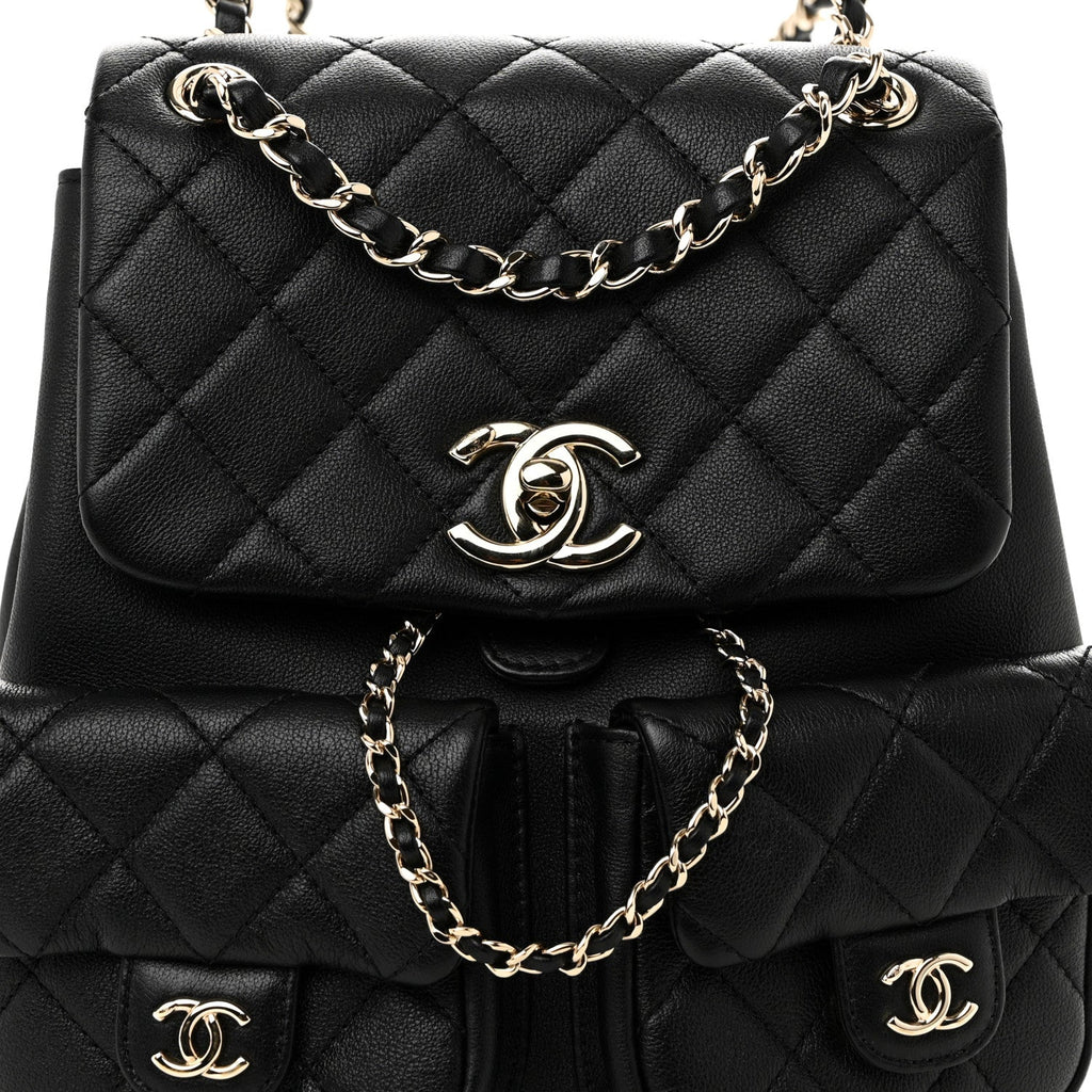 Calfskin Quilted Medium Duma Pockets Drawstring Backpack Black