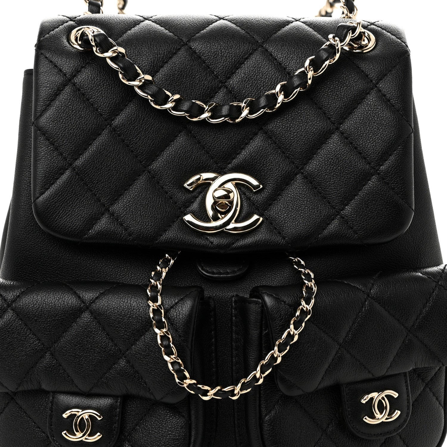 Calfskin Quilted Medium Duma Pockets Drawstring Backpack Black