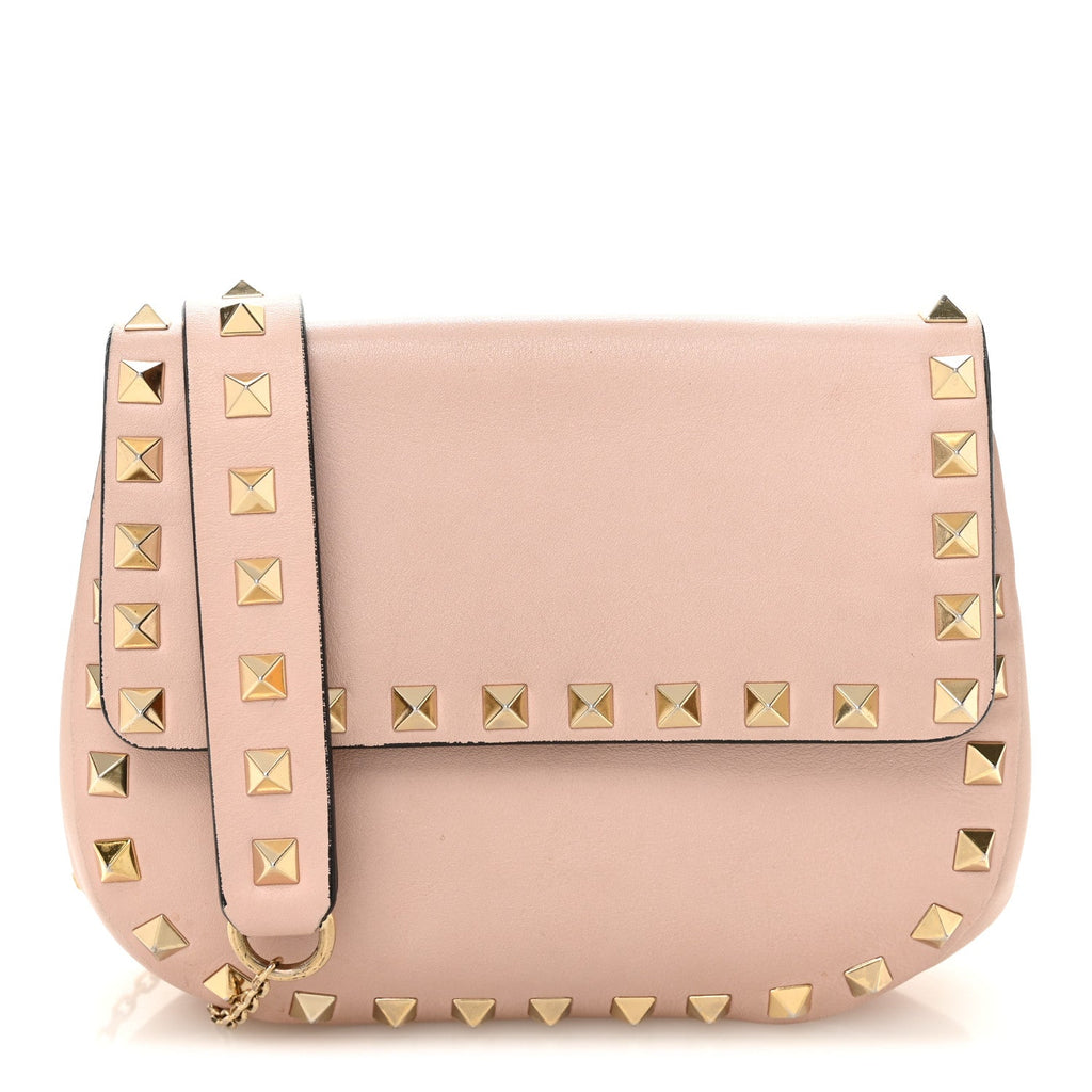 Calfskin Rockstud Crossbody Saddle Bag Water Rose