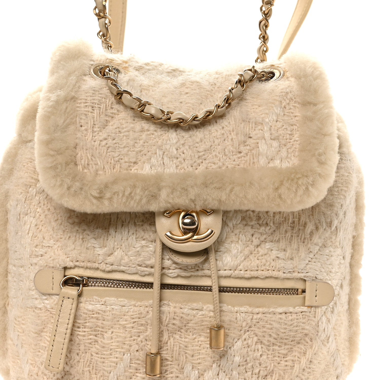Tweed Shearling Quilted CC Backpack White
