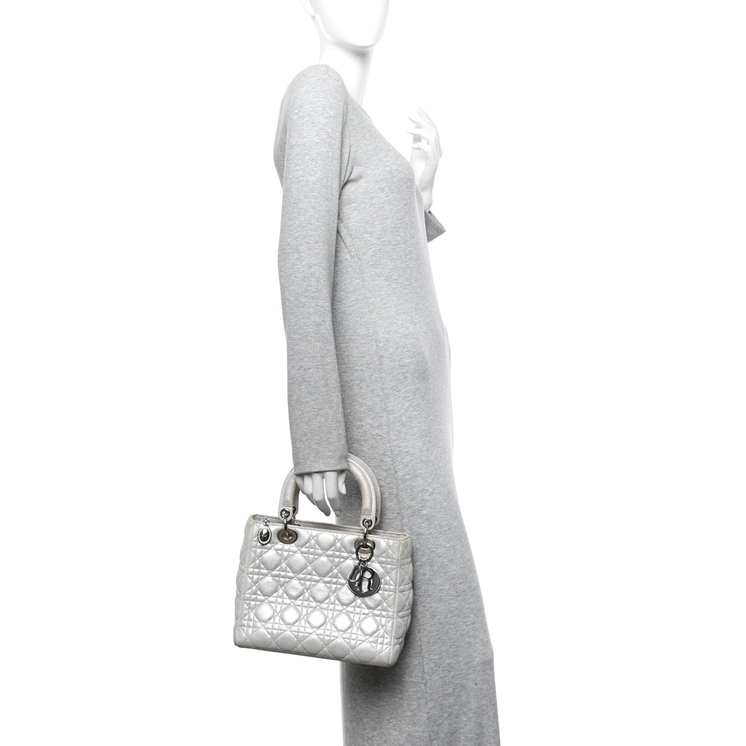 Metallic Nubuck Cannage Medium Lady Dior Silver