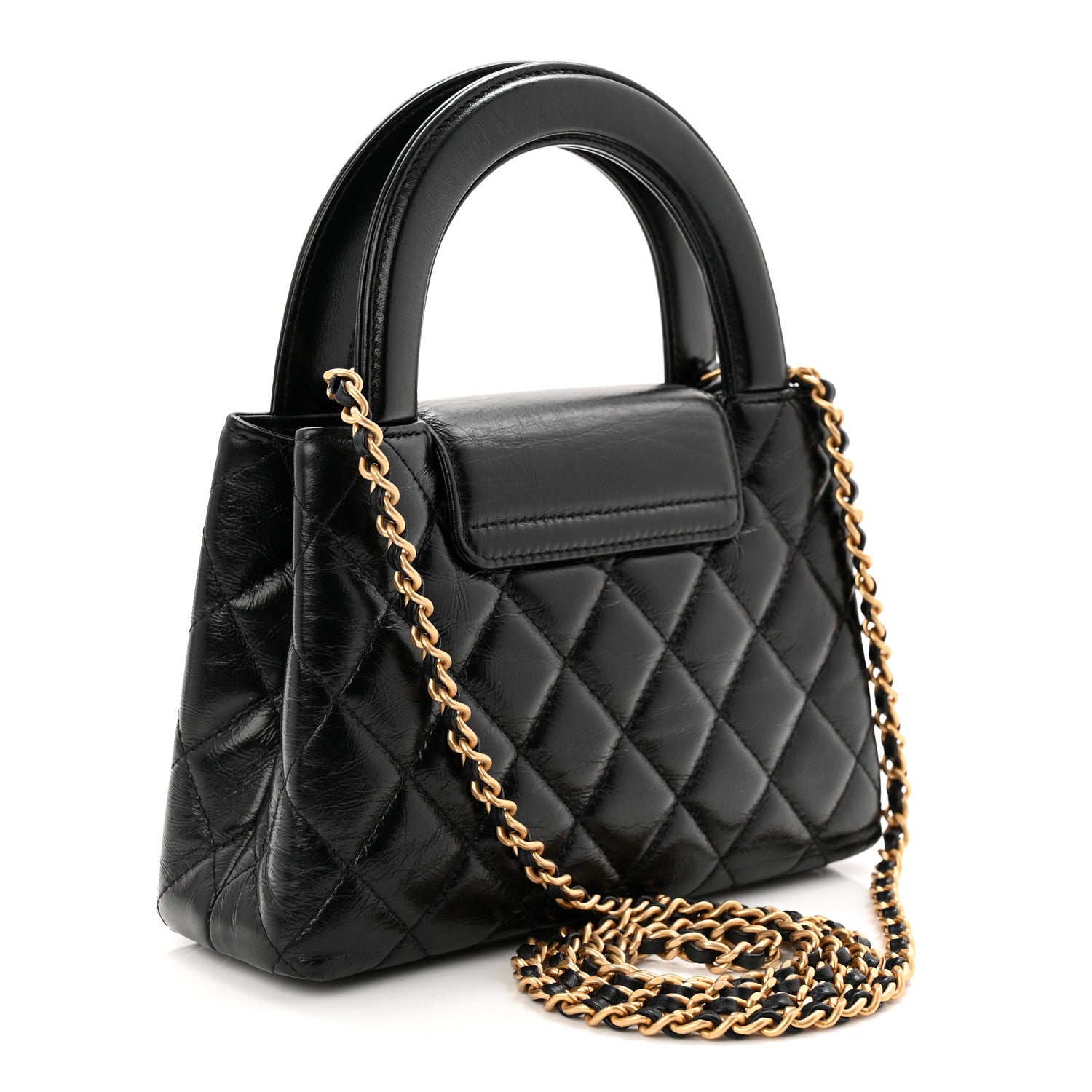 Shiny Aged Calfskin Quilted Nano Kelly Shopper Black
