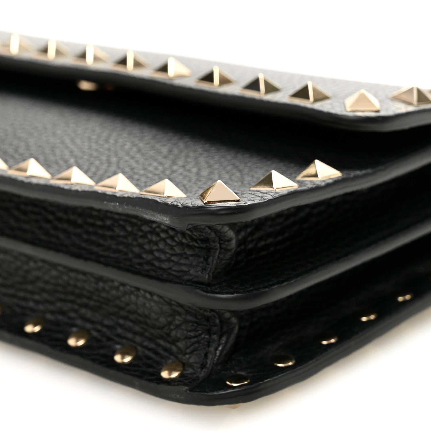Pebbled Calfskin Rockstud Flap Wallet On Chain Black