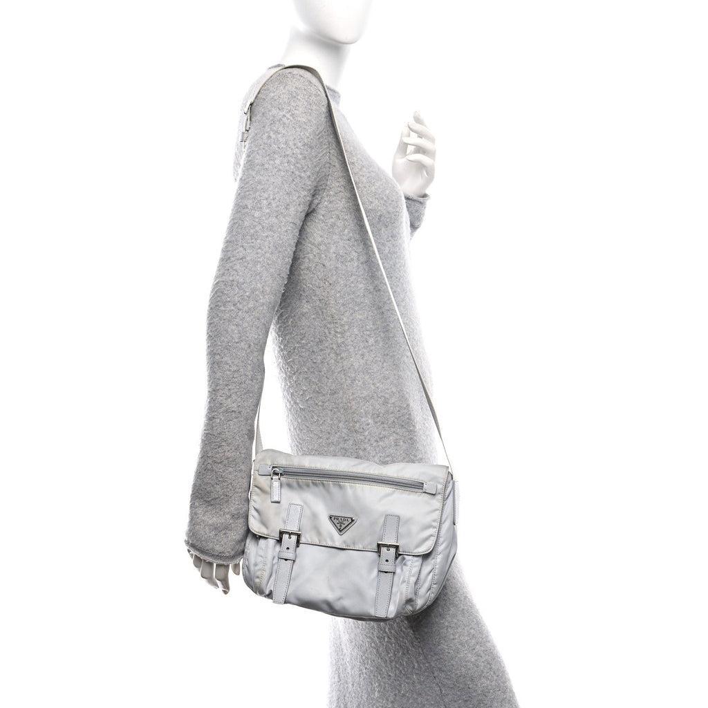 Re-Nylon Vela Saffiano Pocket Double Buckle Messenger Shoulder Bag Fiordaliso