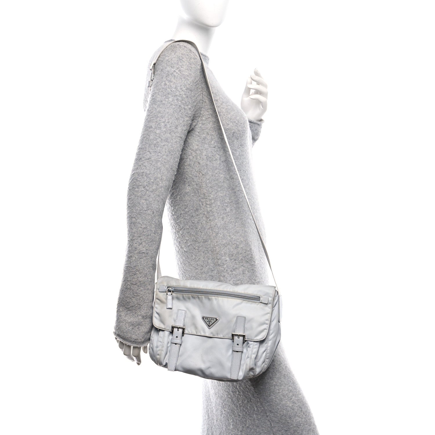 Re-Nylon Vela Saffiano Pocket Double Buckle Messenger Shoulder Bag Fiordaliso