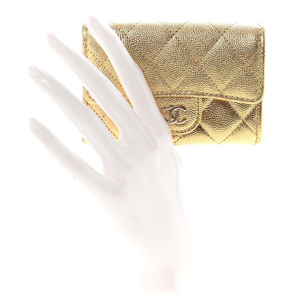 Metallic Caviar Quilted Flap  Holder Wallet Gold
