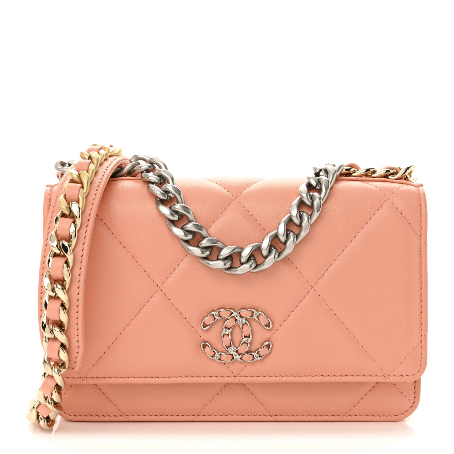 Lambskin Quilted Chanel 19 Wallet On Chain WOC Light Orange